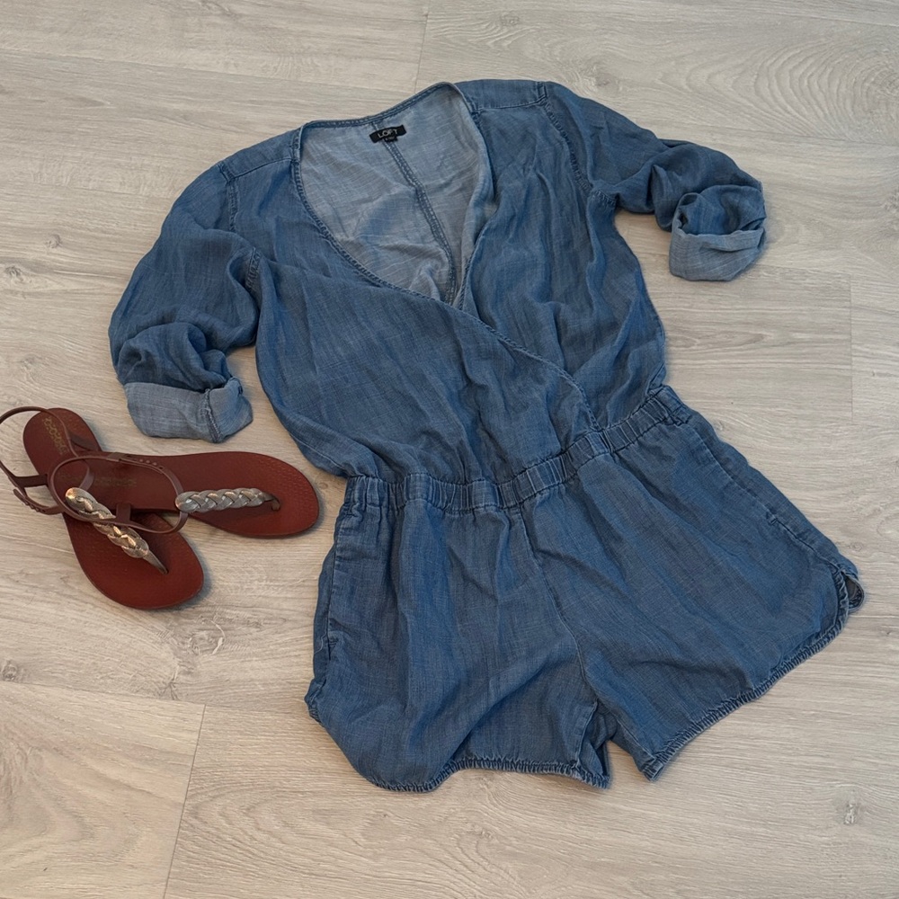 LOFT Light Blue Chambray Wrap Jumpsuit